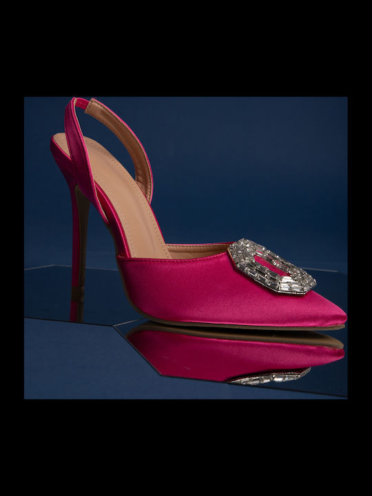 Pointed Satin Heels with Rhinestones Fuchsia Fuchsia