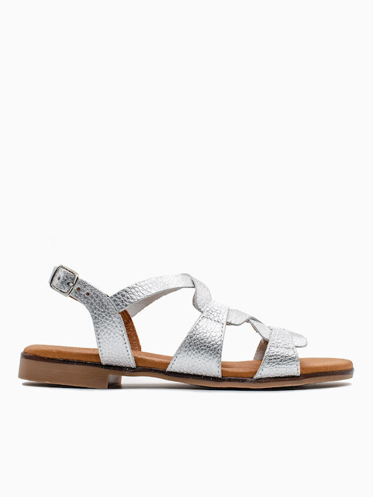 Eva Frutos 3080 Leather Women's Flat Sandals Anatomic in Silver Color