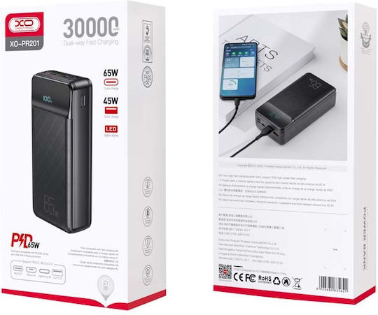 XO PR201 Power Bank 30000mAh 65W με 2 Θύρες USB-A και Θύρα USB-C Power Delivery / Quick Charge 2.0 / Quick Charge 3.0 Μαύρο