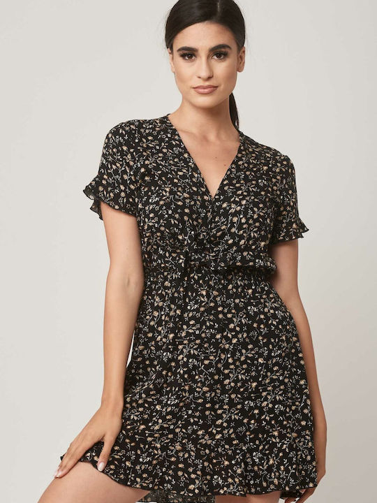 Dress Up Midi Dress with Ruffle Printed Black