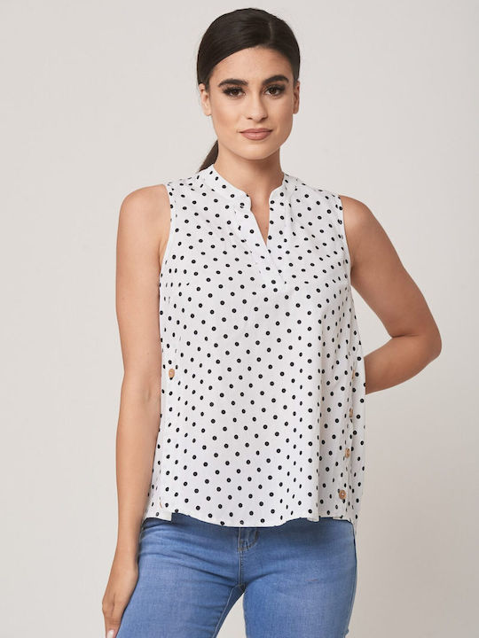 Boutique Damen Bluse Baumwolle Ärmellos Polka Dot Weiß