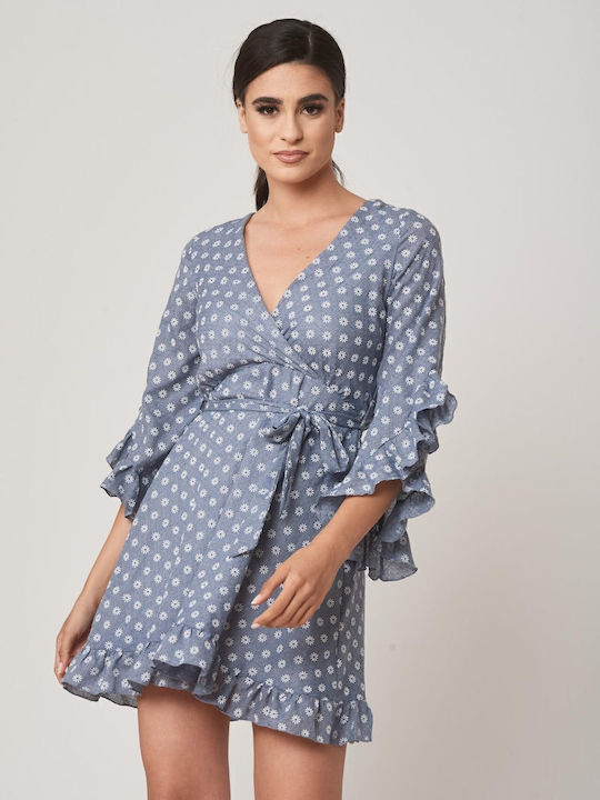 Rochie Mini Wrap-Around Cu Volane Albastră