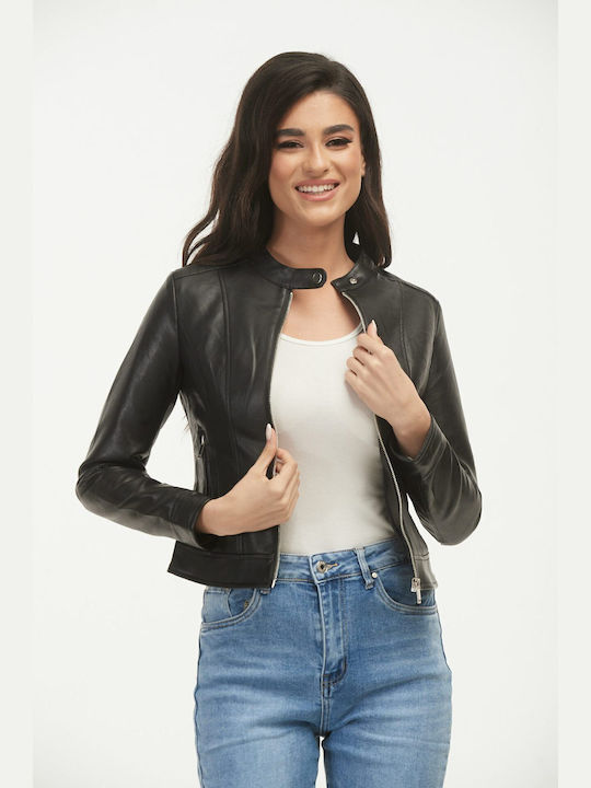 Boutique Women's Short Biker Artificial Leather Jacket for Winter BLACK