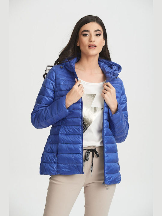 Kannelis Women's Short Puffer Jacket for Winter with Hood Royal Blue