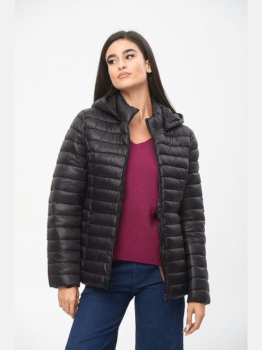 Boutique Women's Short Puffer Jacket for Winter with Hood BLACK