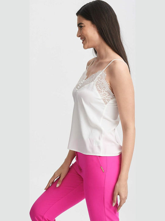 Women's Blouse Satin with Lace White