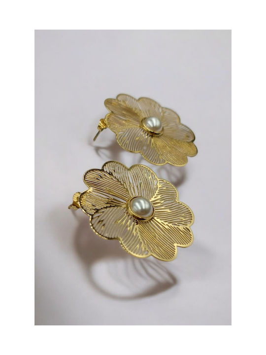 Stud Earrings Steel Gold Flower Pierced Pearl in the Center