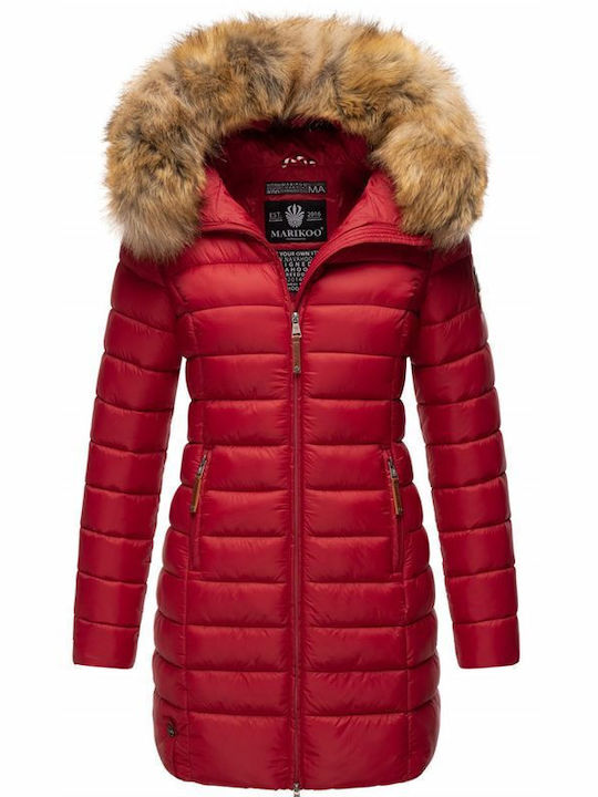 Marikoo Women's Long Lifestyle Jacket for Winter with Hood Blood Red