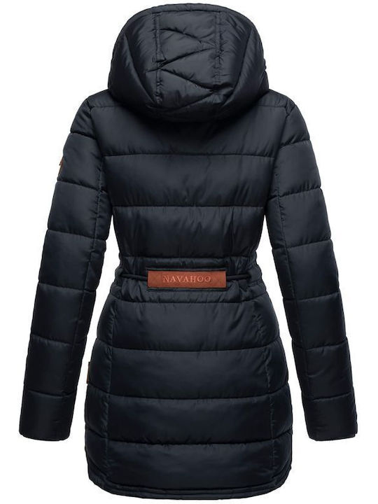 Marikoo Women's Long Puffer Artificial Leather Jacket Waterproof for Winter Navy