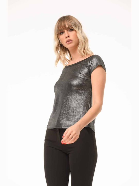 Γυναικεία Μπλούζα Off-Shoulder Κοντομάνικη Ασημι