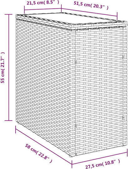 Masa auxiliară pentru spații exterioare mici Rattan cu suprafață din sticlă Gri 58x27.5x55buc