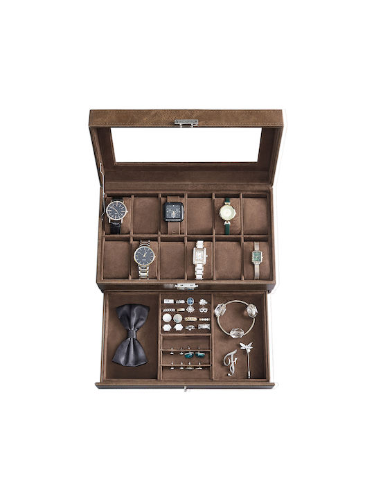 Songmics Дървена Кутия За Бижутерии с Чекмедже Кафява 33x19.5x14см