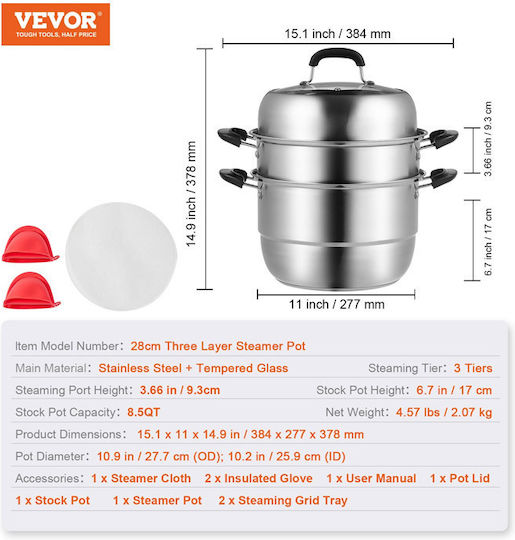 Vevor Tiefer Edelstahl-Topf 28cm