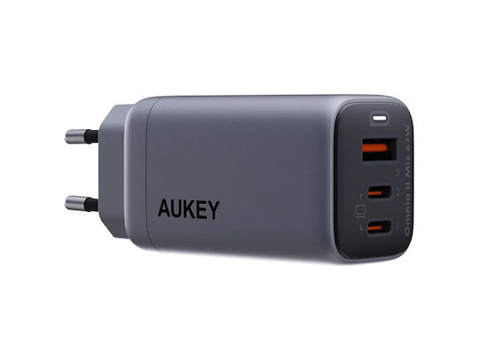 Aukey Charger Without Cable GaN with USB-A Port and 2 USB-C Ports 67W Power Delivery Gray (PA-B6U)