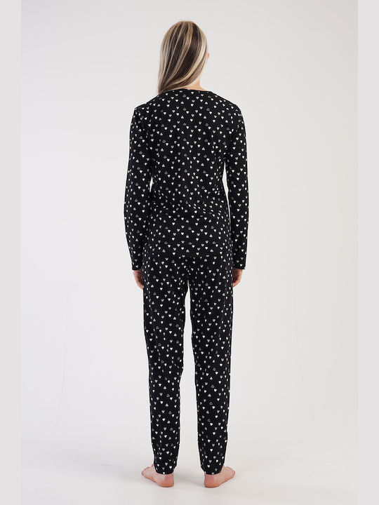 Pijama de iarnă din bumbac pentru femei Vienetta cu inimioare-304164 negru