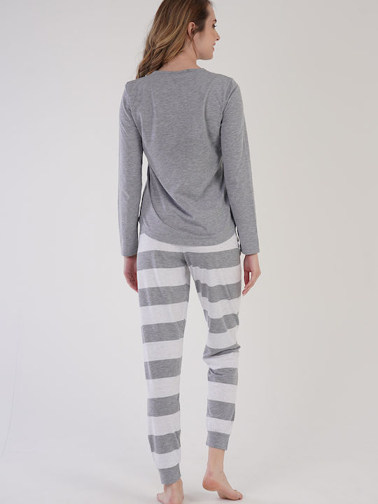 Vienetta Damen Winterpyjamas "Gute Nacht"-303153 Grau Melange