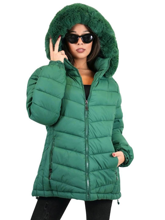 Dress Up Women's Short Biker Artificial Leather Jacket for Winter with Hood Green