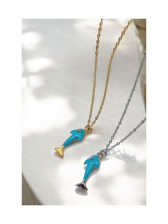 Necklace Steel Silver Dolphin Turquoise Enamel Rhinestone Inside