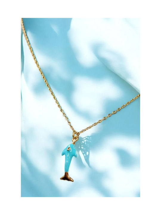 Stainless Steel Gold Dolphin Turquoise Enamel Rhinestone Necklace