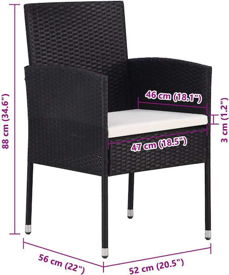 Outdoor-Stuhl Rattan Black Velvet-Black Metal mit Kissen 2Stück 52x56x88εκ.