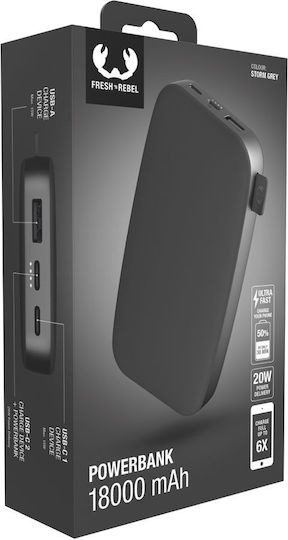 Fresh 'n Rebel Power Bank 18000mAh 20W with USB-A Output Port and 2 USB-C Output Ports Storm Grey
