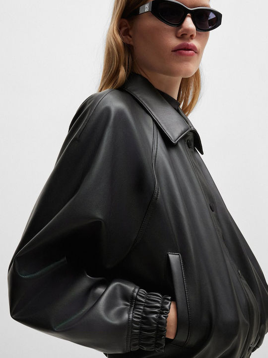 Hugo Boss Women's Short Biker Artificial Leather Jacket for Winter Black