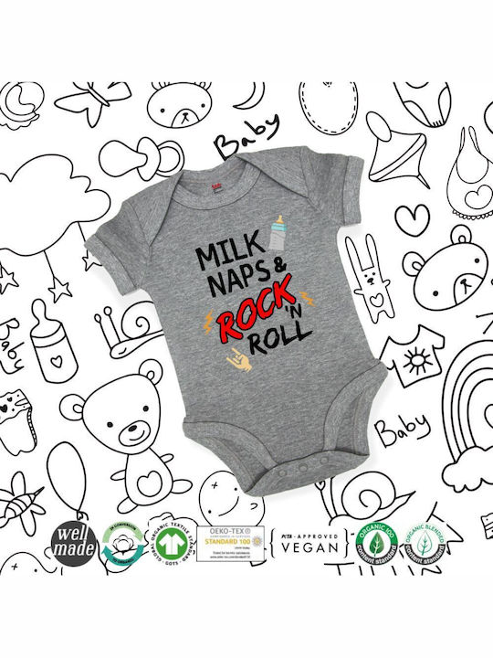 Koupakoupa Milk Naps And Rock N' Roll Baby Unterwäsche Strampler Kurzärmelig Grey Melange