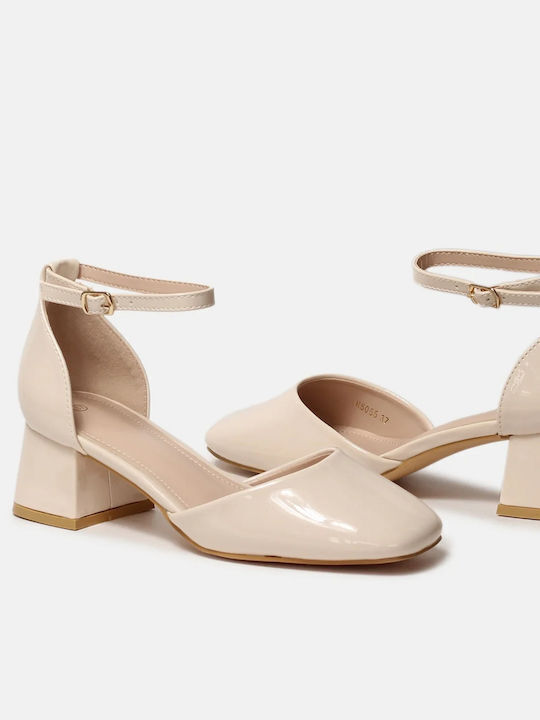 Alta Moda Patent Leather Beige Heels with Strap