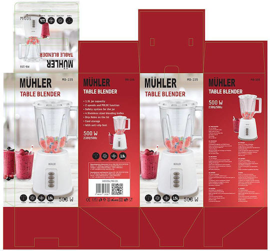 Muhler Μπλέντερ με Πλαστική Κανάτα 1.5 lt 500W Γκρι MB-155