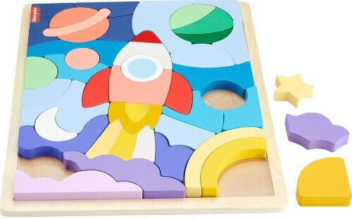 Дървено Детски Пъзел с Шипове Космос за 3+ Години 41бр Mattel