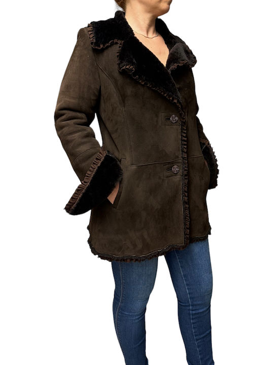 MARKOS LEATHER Women's Mouton Coat with Buttons Coffee