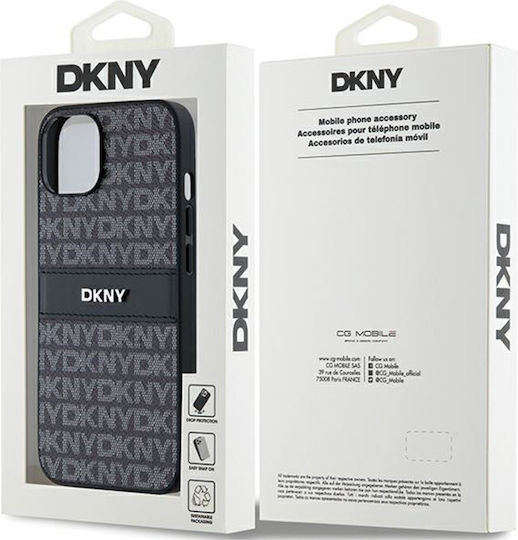 Husă Dkny din piele PU cu model repetat și dungi tonale pentru iPhone 15 Plus, negru