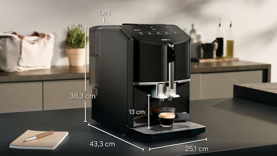Siemens Eq.300 Αυτόματη Μηχανή Espresso 1300W Πίεσης 15bar με Μύλο Άλεσης Μαύρη TF301E19