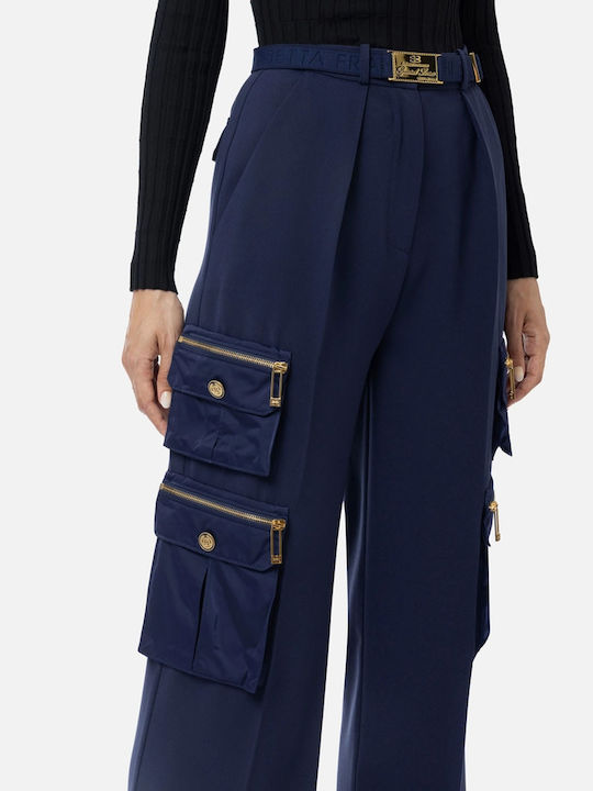 Elisabetta Franchi Women's Crepe Cargo Trousers in Straight Line Blue