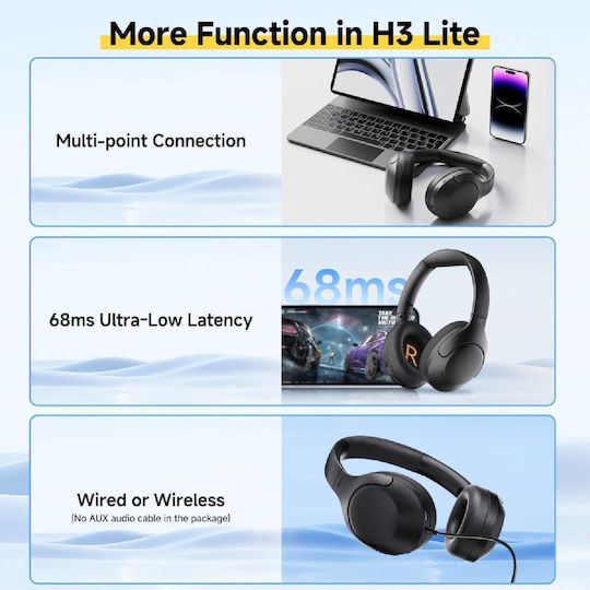 QCY H3 Lite ANC Ασύρματα / Ενσύρματα Over Ear Ακουστικά με 60 ώρες Λειτουργίας και Quick Charge Μαύρα