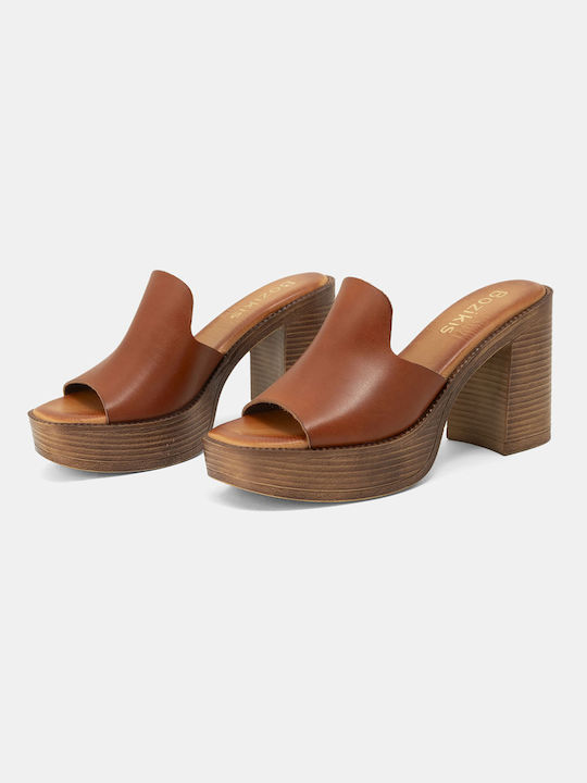 Bozikis Platform Leather Women's Sandals Tabac Brown with Chunky High Heel