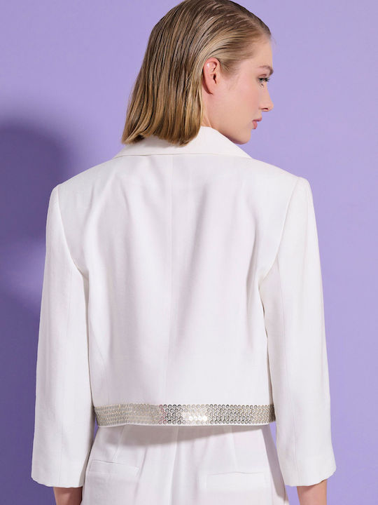 Matis Fashion Κοντό Γυναικείο Σακάκι Εκρού με Παγιέτες