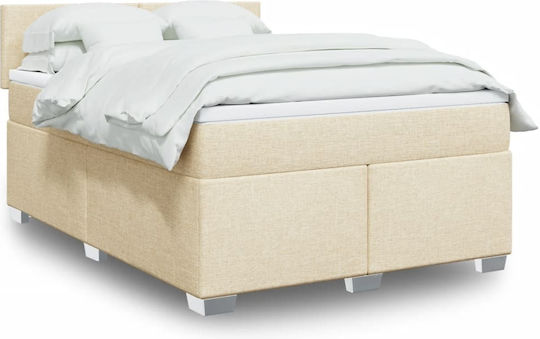 Double Bed Upholstered with Fabric Beige with Slats and Mattress 160x200cm