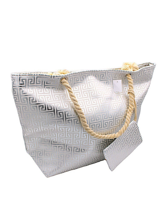 Stoff Strandtasche mit Kulturtasche Silber