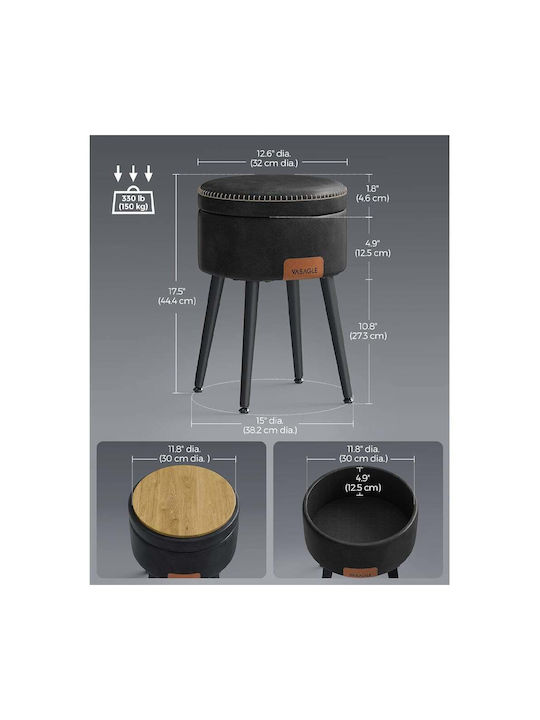 Stool For Living Room With Storage Space Upholstered with Leatherette Black 38.2x38.2x44.4cm