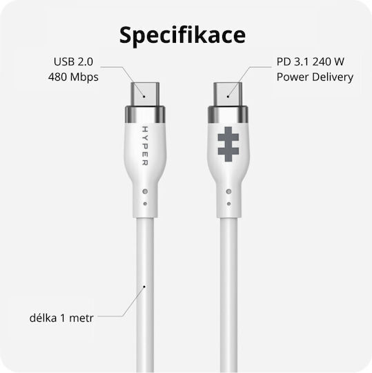 Hyper USB 2.0 Cable USB-C male - USB-C 240W PD Λευκό 1m