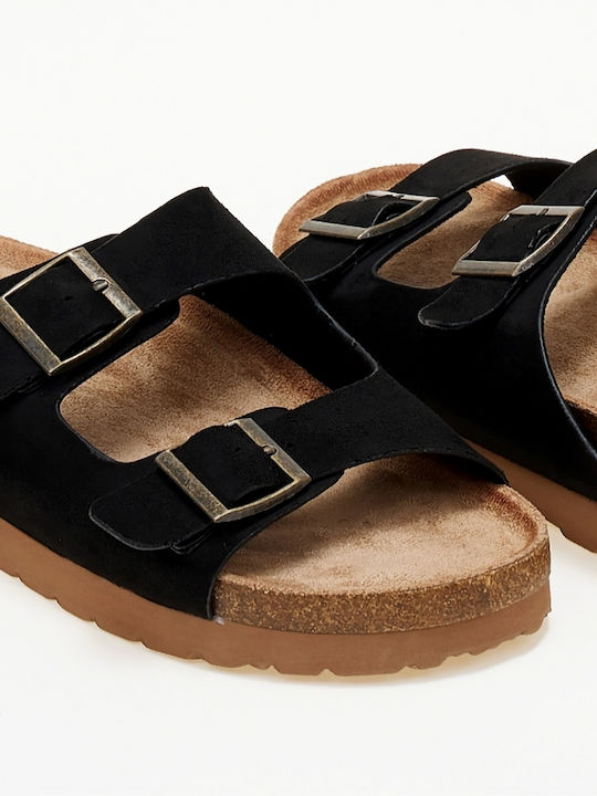 Flatform-Sandalen mit Doppel-Schnallen Schwarz