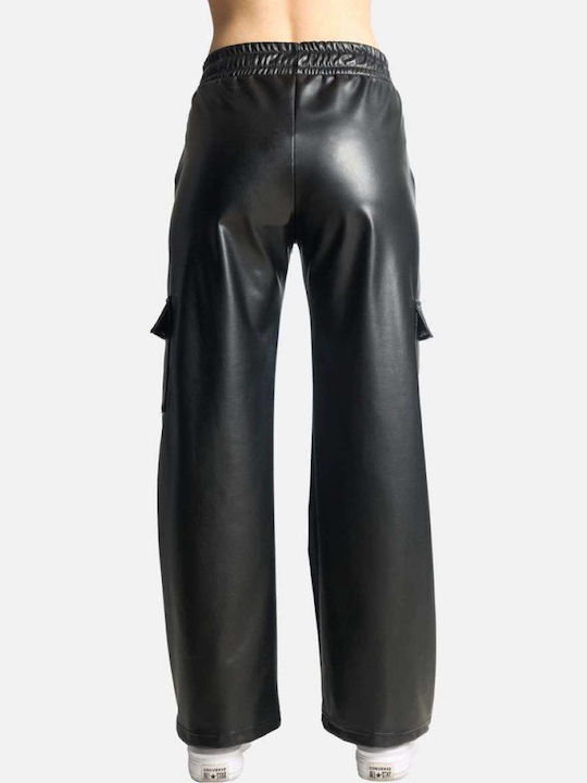 Women's Fabric Cargo Trousers with Elastic Loose Fit Black