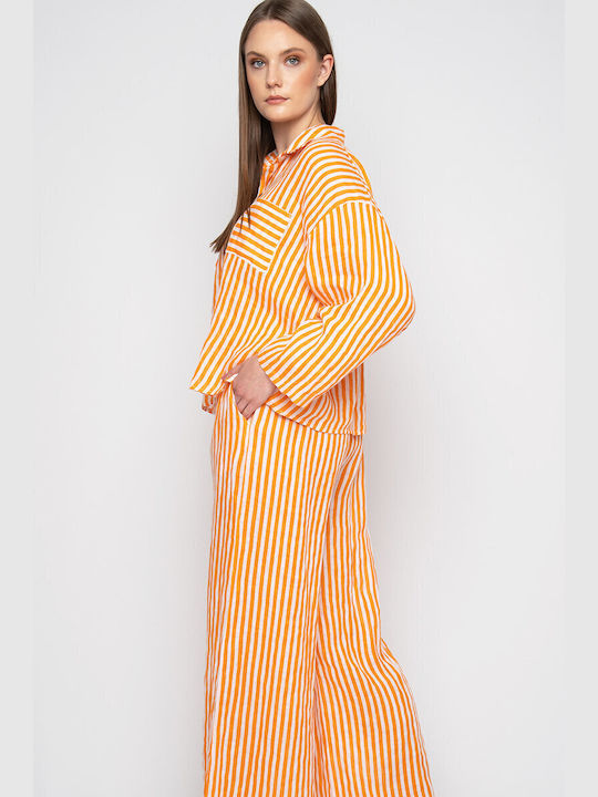 Linen shirt with stripe print and pants ORANGE