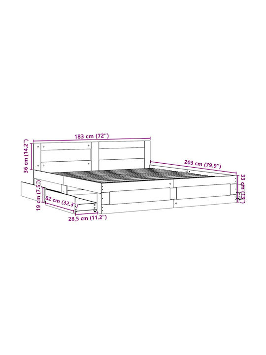 King Size Holzbett Braun mit Lattenrost für Matratze 180x200cm