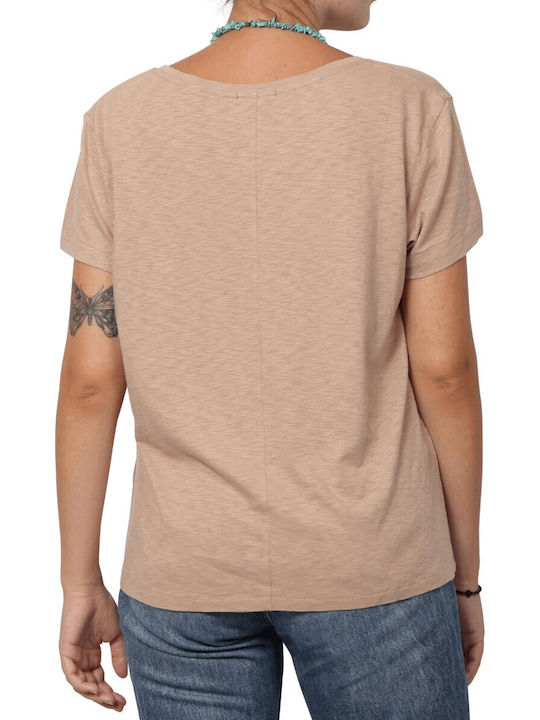 Superdry Damen T-shirt mit V-Ausschnitt Beige