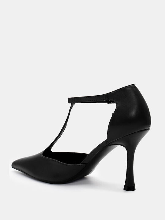 Luigi Synthetic Leather Pointed Toe Black High Heels with Strap