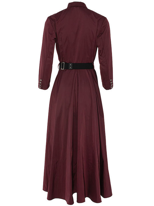 Long Burgundy Semi-Sheer Dress with Belt