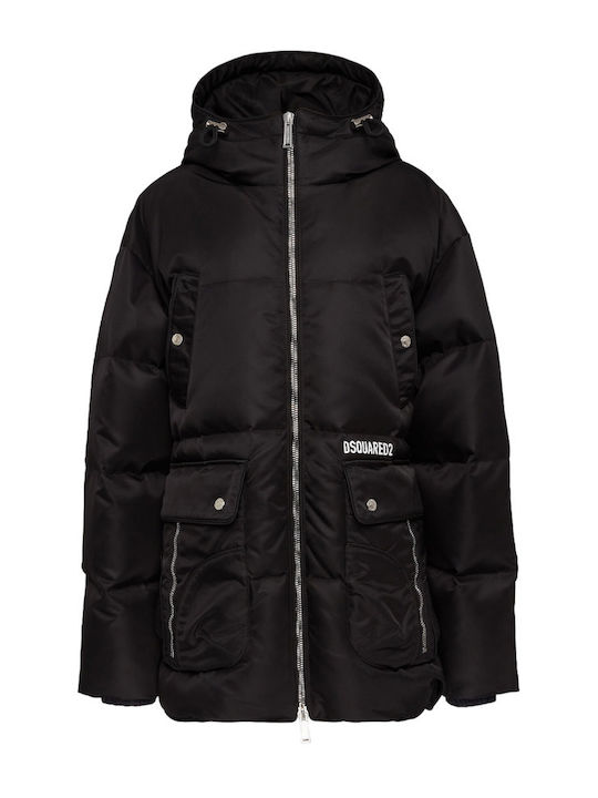 Dsquared2 Women's Short Parka Jacket Waterproof for Winter with Hood Black