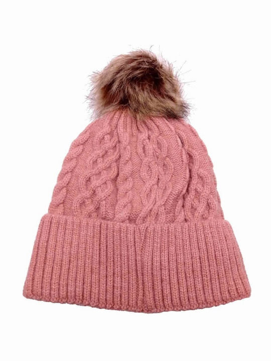 Knitted Beanie with Thick Knit & Inner Fur Pink